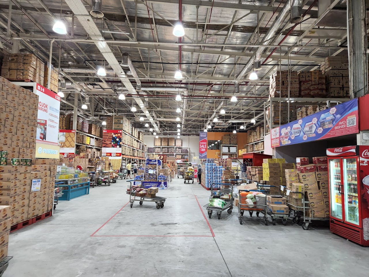Explore a bustling warehouse filled with stacked goods and shopping carts, illuminated under bright lighting.