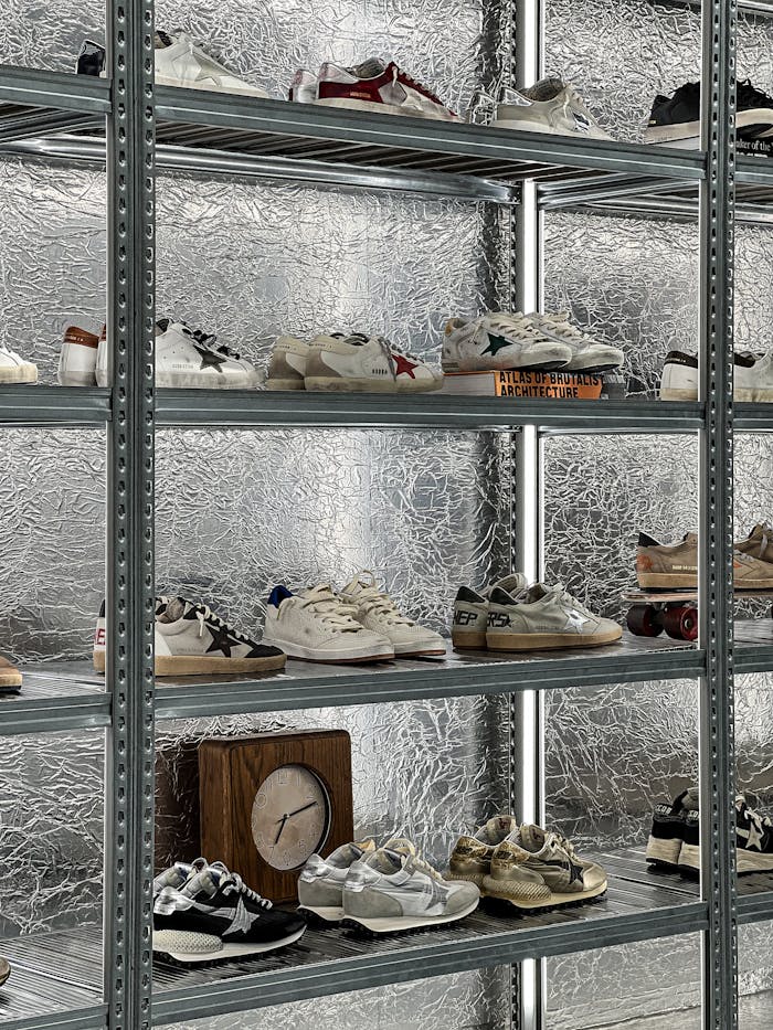 A collection of vintage sneakers on industrial metal shelves with reflective background.