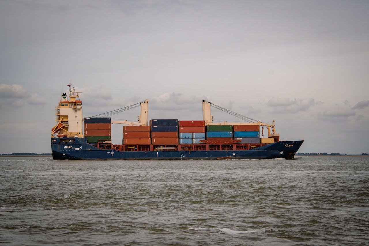 Container ship sailing through the waters of Terneuzen, Netherlands.
